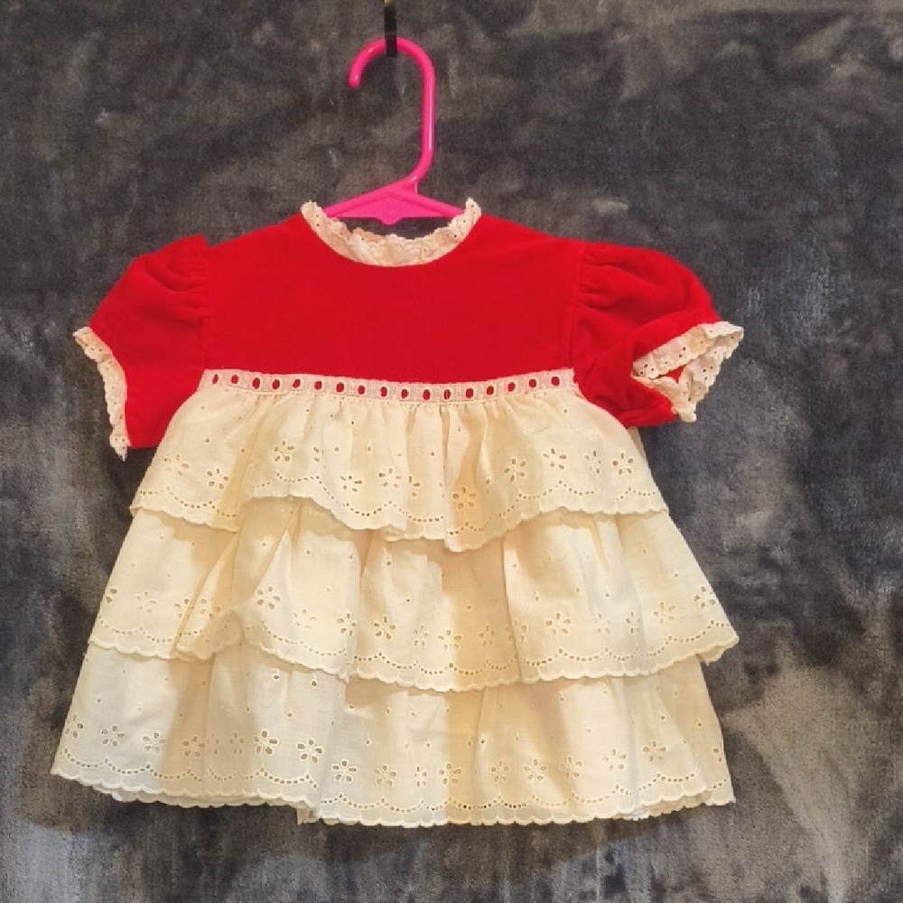 Nanette Baby Red and Cream Dress 80s Vintage 12 Months